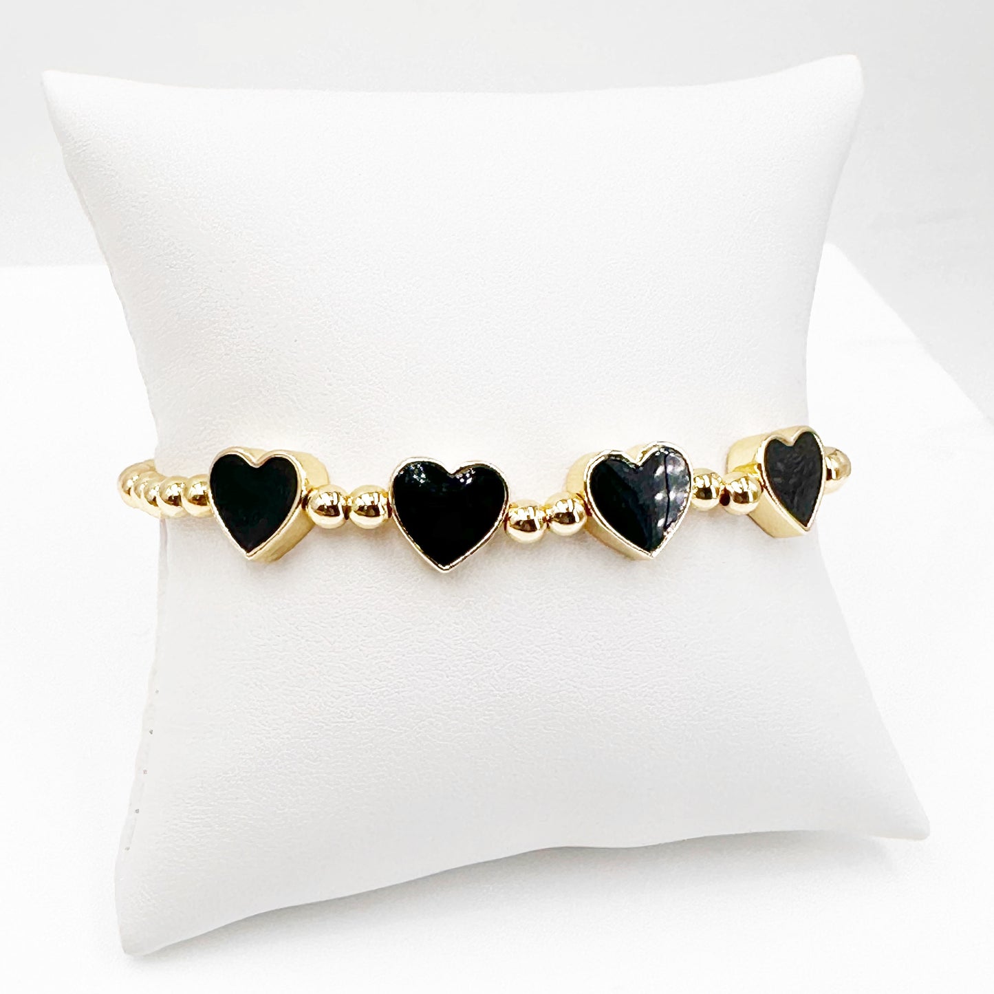 Handmade Gold-Plated Bead Bracelet with Black Heart Connectors - Adjustable, Modern Style, Perfect Gift