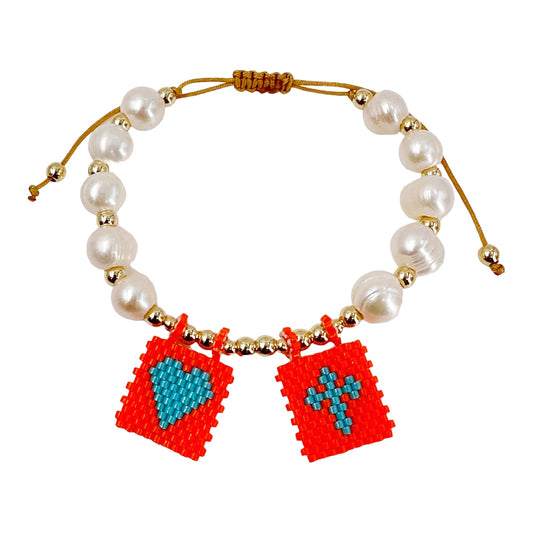 Handcrafted Pearl Bracelet with Gold-Plated Beads and Striking Orange & Turquoise Flags