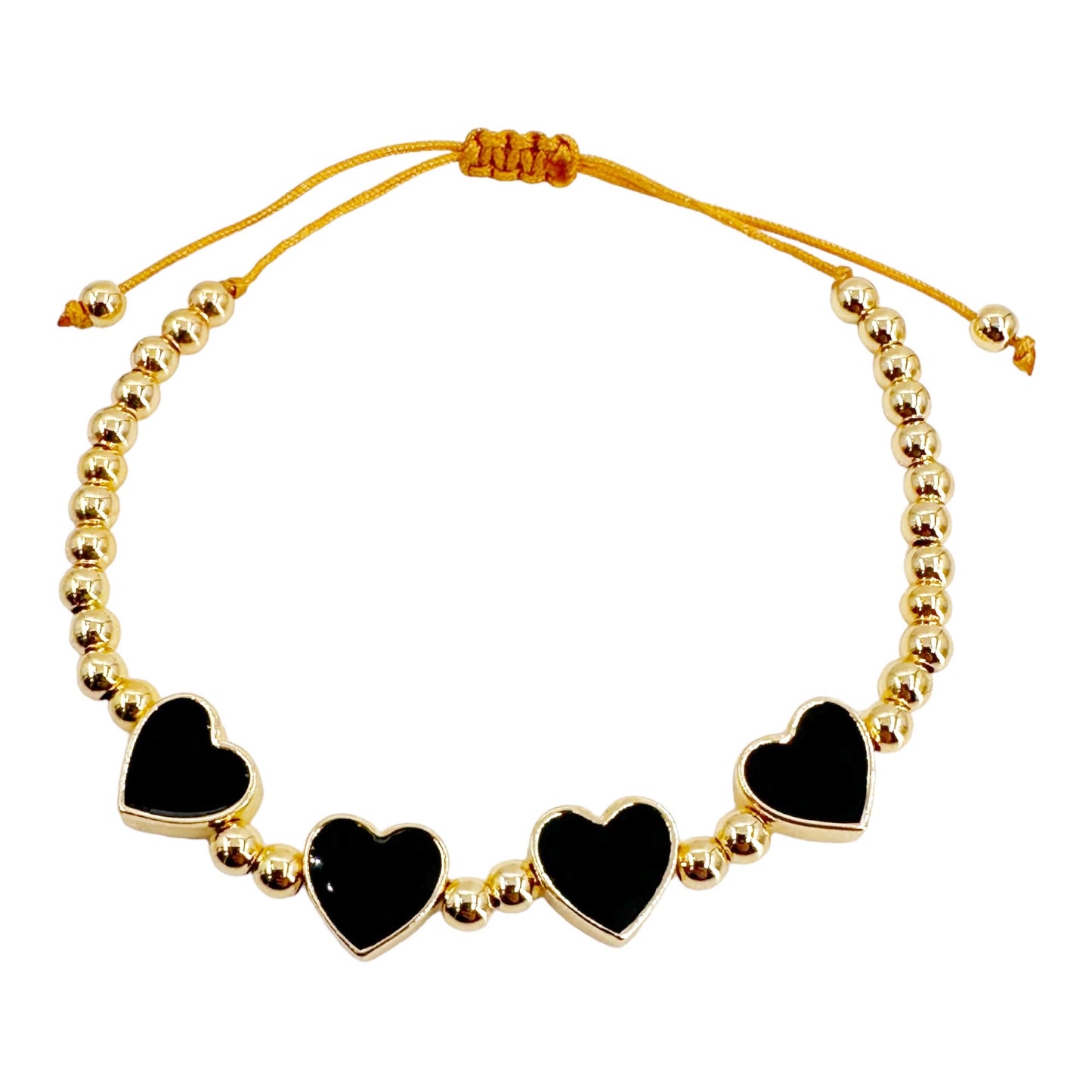 Handmade Gold-Plated Bead Bracelet with Black Heart Connectors - Adjustable, Modern Style, Perfect Gift