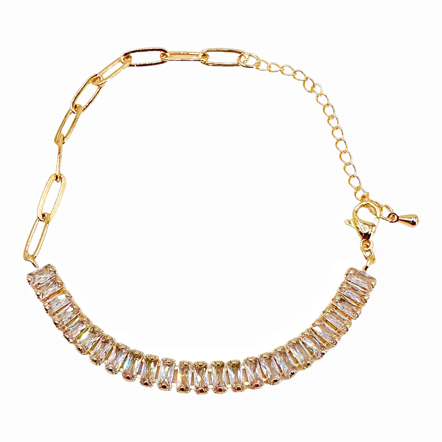 Gold-Plated Bracelet with Rhinestone Band and Linked Chain - Handcrafted Elegance for Special Occasions