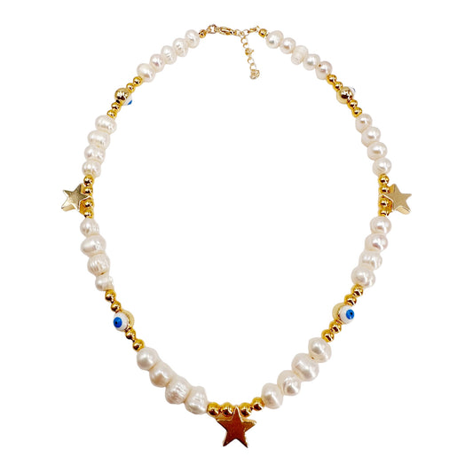 Boho Chic Gold-Plated Choker Necklace with Pearl, Beads, and Starry Accents - Handcrafted by Leslie Boules