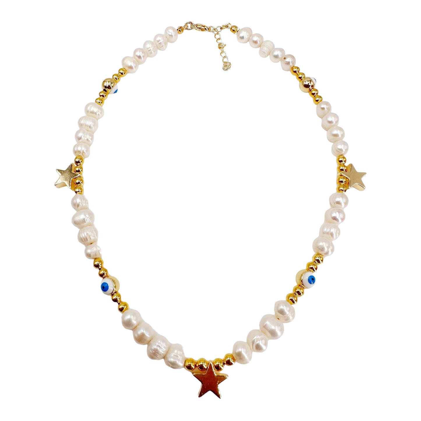 Boho Chic Gold-Plated Choker Necklace with Pearl, Beads, and Starry Accents - Handcrafted by Leslie Boules