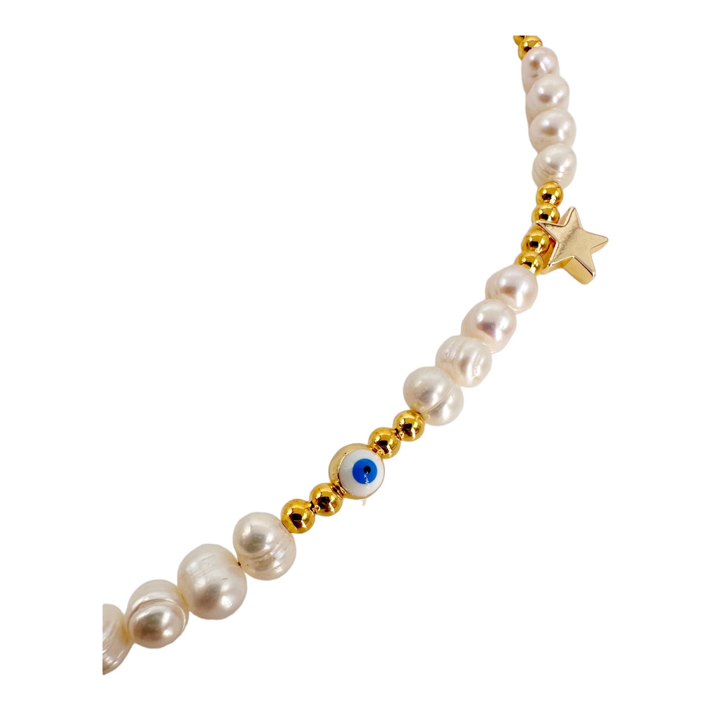 Boho Chic Gold-Plated Choker Necklace with Pearl, Beads, and Starry Accents - Handcrafted by Leslie Boules