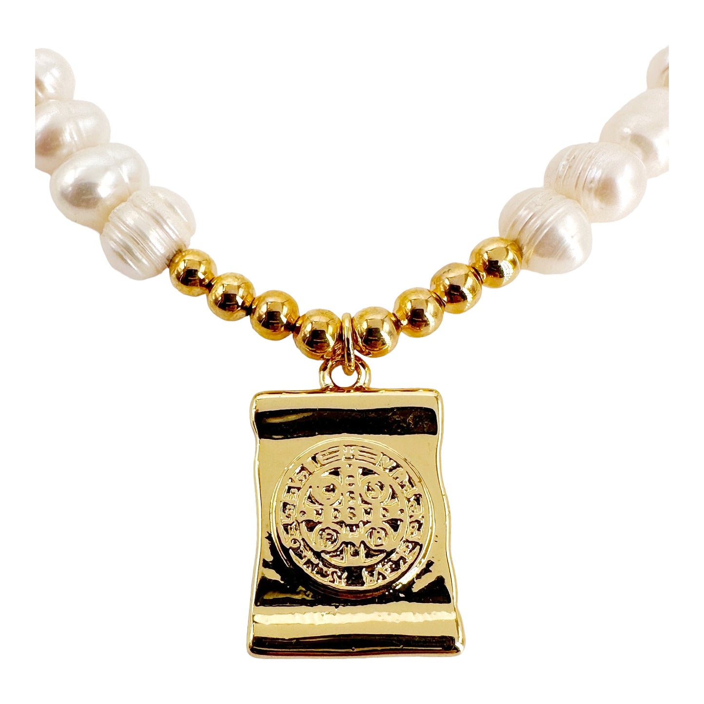 Handcrafted Baroque Pearl Necklace with Gold-Plated Beads and San Benito Cross Pendant - Elegance and Protection