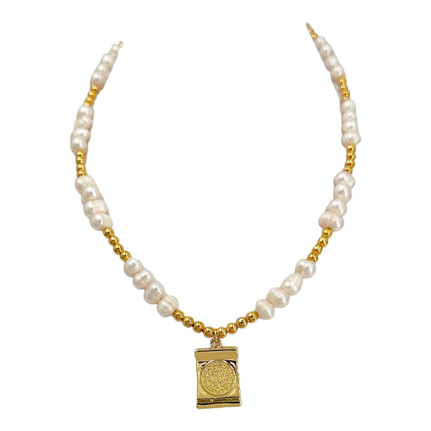 Handcrafted Baroque Pearl Necklace with Gold-Plated Beads and San Benito Cross Pendant - Elegance and Protection