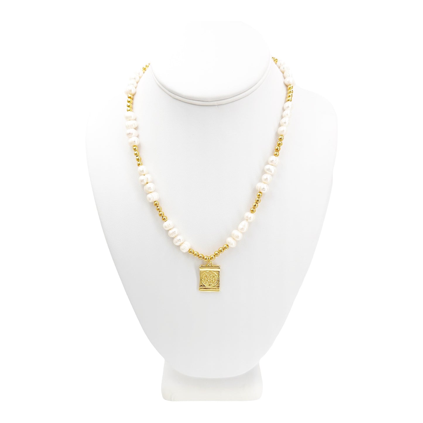 Handcrafted Baroque Pearl Necklace with Gold-Plated Beads and San Benito Cross Pendant - Elegance and Protection