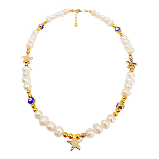 Gold-Plated Pearl and Bead Choker Necklace with Starry Connectors - Boho Chic Style, Handcrafted