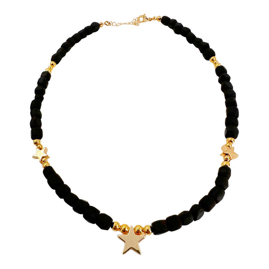 Handcrafted Azabache Stone and Gold Bead Choker Necklace - Unique Design by Leslie Boules, Elegance for Any Occasion