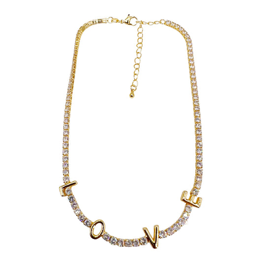 Gold-Plated Rhinestone LOVE Necklace - Delicate Elegance for Nights and Special Occasions