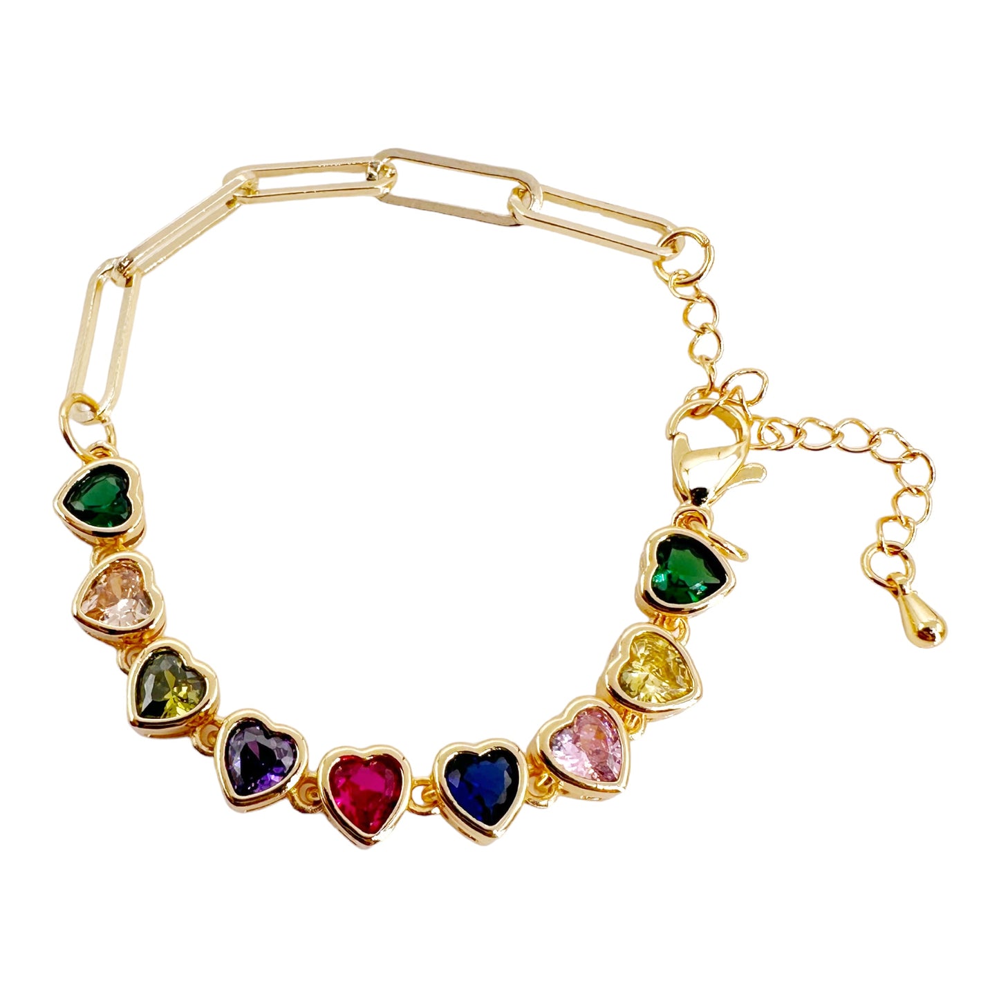 Gold-Plated Link Bracelet with Multicolor Zirconia Hearts - Adjustable Elegance, Simply Spectacular