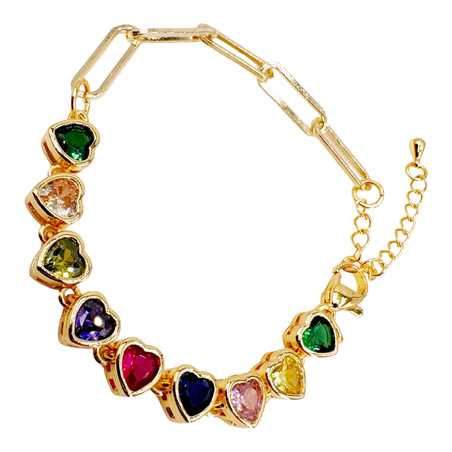 Gold-Plated Link Bracelet with Multicolor Zirconia Hearts - Adjustable Elegance, Simply Spectacular