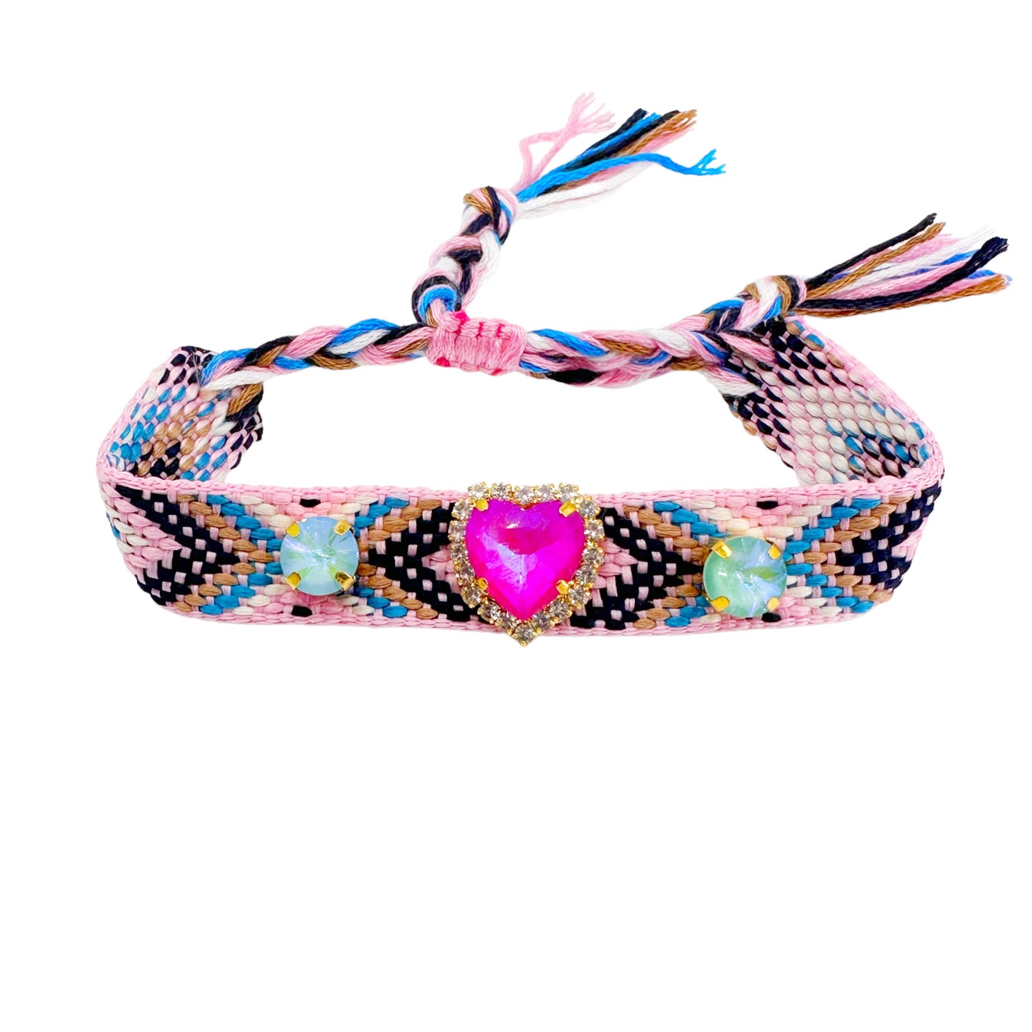 Handcrafted Colorful Thread Bracelet with Heart-Shaped Fuchsia Zircon and Tassels - Modern Boho Chic Style