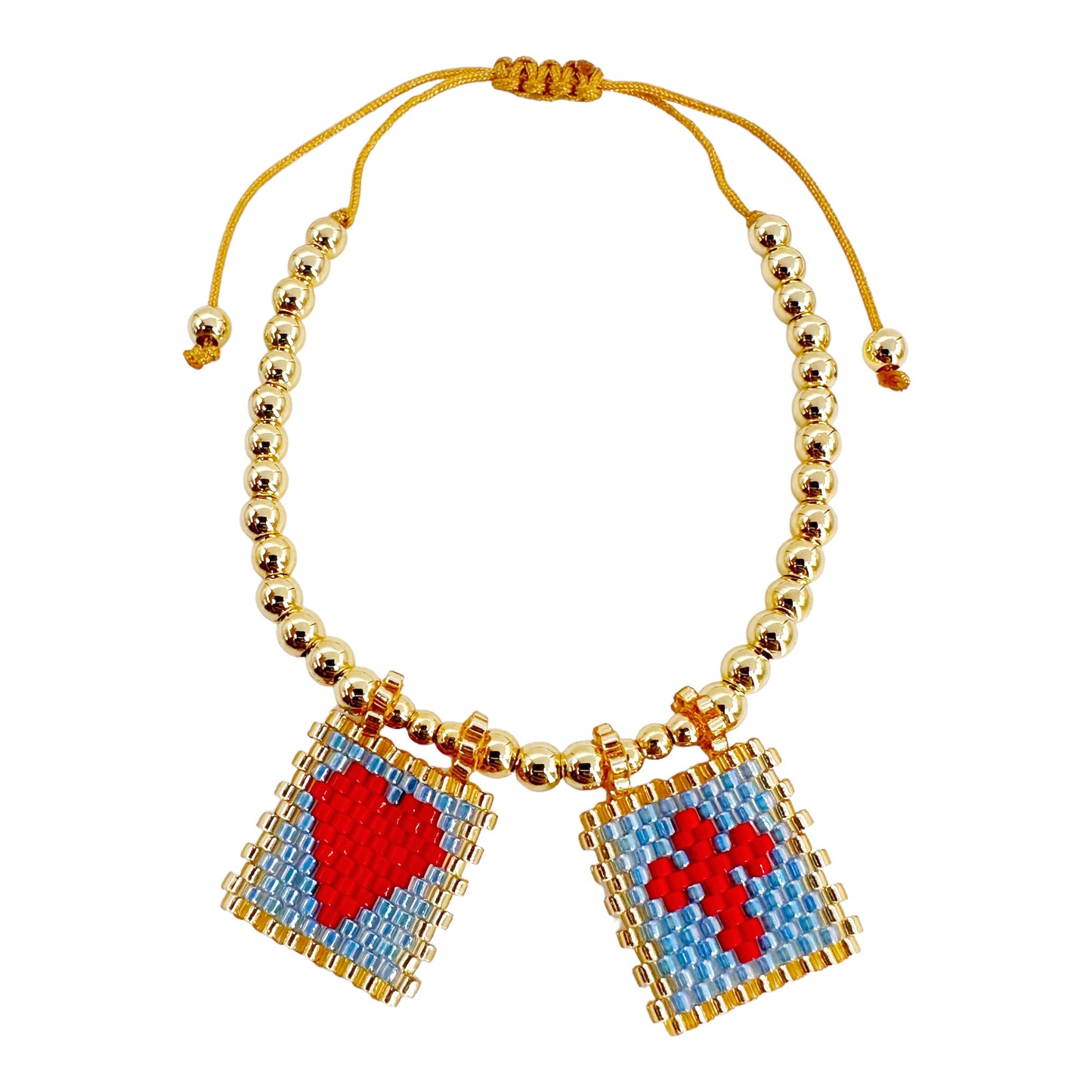 Handcrafted Gold-Plated Bead Bracelet with Artisan Blue & Red Miyuki Flags