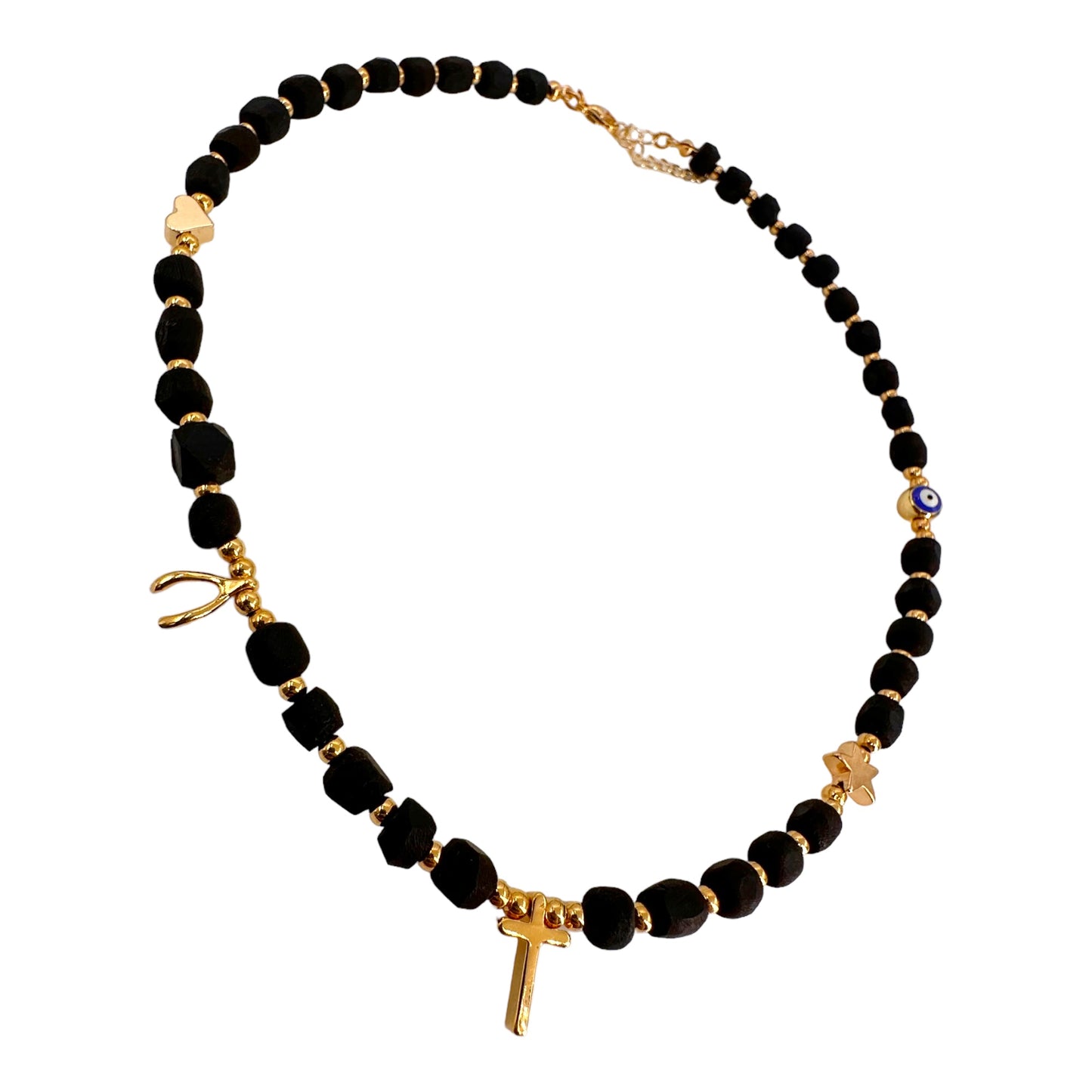 Genuine Azabache Stone and Gold Bead Choker Necklace - Unique Design by Leslie Boules, Elegance for Any Occasion