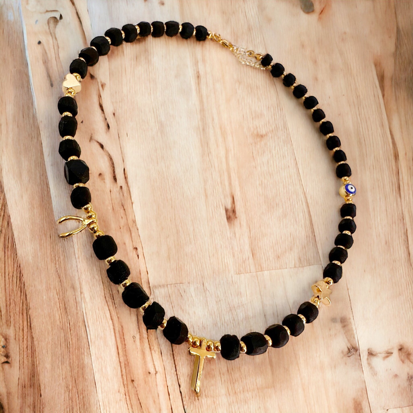 Genuine Azabache Stone and Gold Bead Choker Necklace - Unique Design by Leslie Boules, Elegance for Any Occasion