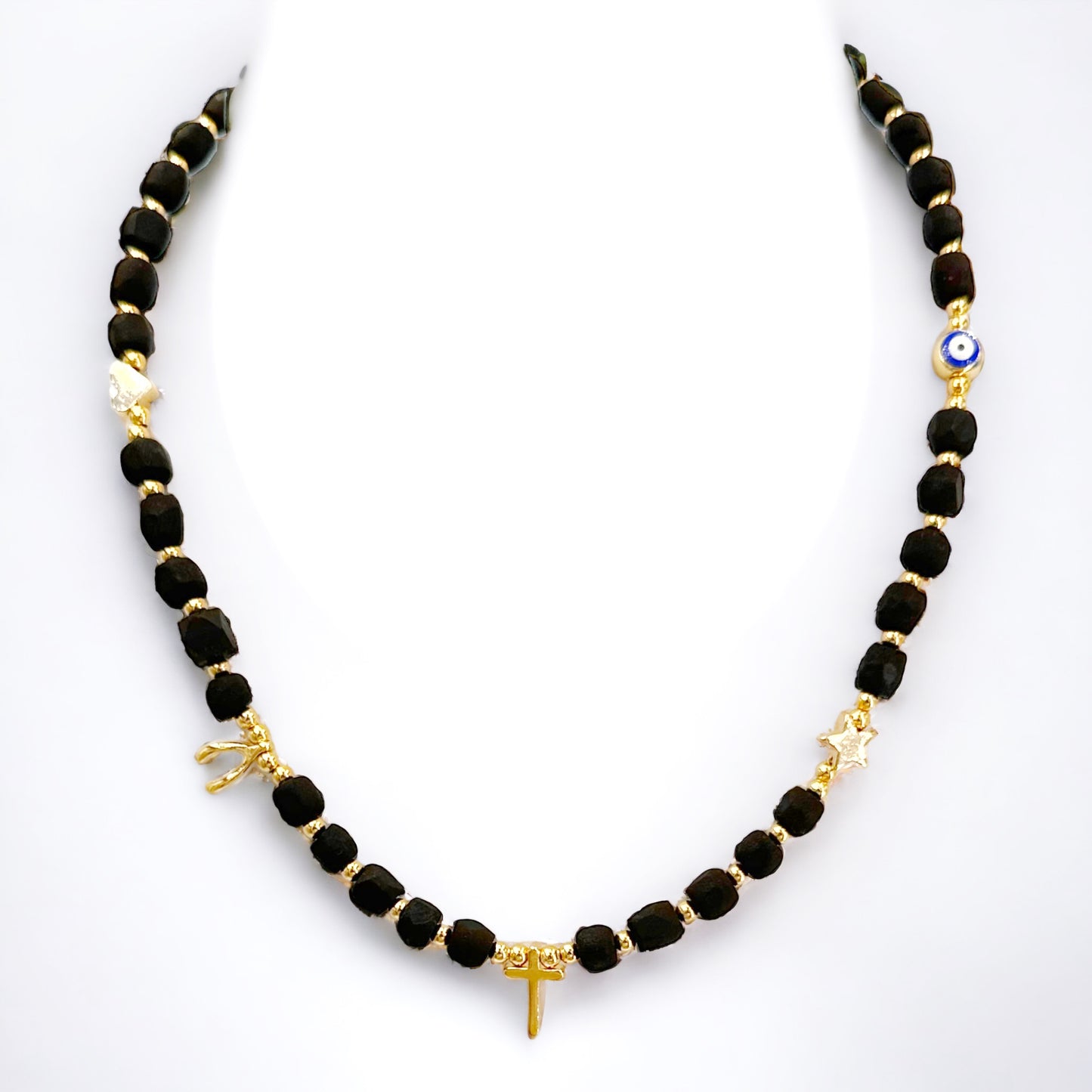 Genuine Azabache Stone and Gold Bead Choker Necklace - Unique Design by Leslie Boules, Elegance for Any Occasion