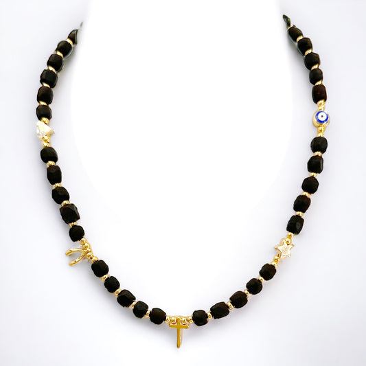 Genuine Azabache Stone and Gold Bead Choker Necklace - Unique Design by Leslie Boules, Elegance for Any Occasion
