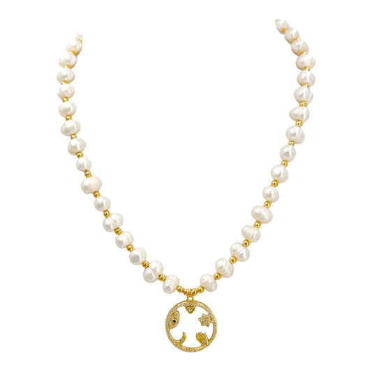 Gold-Plated Pearl and Bead Necklace with Lucky Symbols - Elegant Choker Style for Positive Vibes