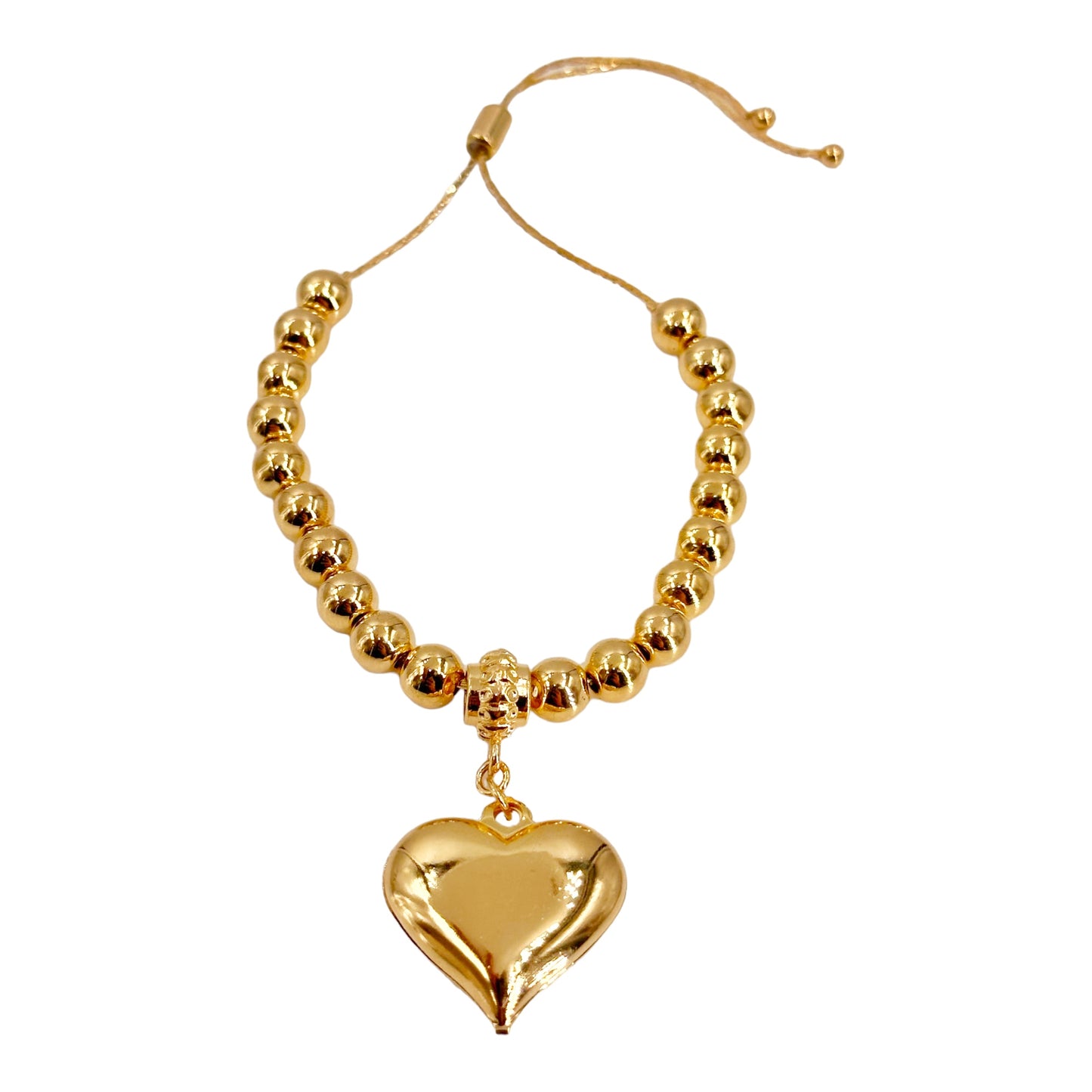 Handcrafted Gold-Plated Bead Bracelet with Gold Heart Polish Pendant Jewelry for Women