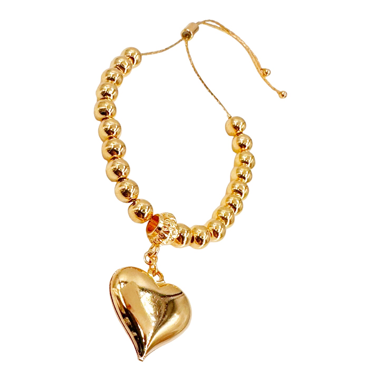 Handcrafted Gold-Plated Bead Bracelet with Gold Heart Polish Pendant Jewelry for Women