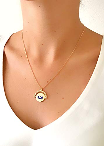 LESLIE BOULES Gold Blue Evil Eye Necklace for Women 18K Plated Chain Protection Jewelry
