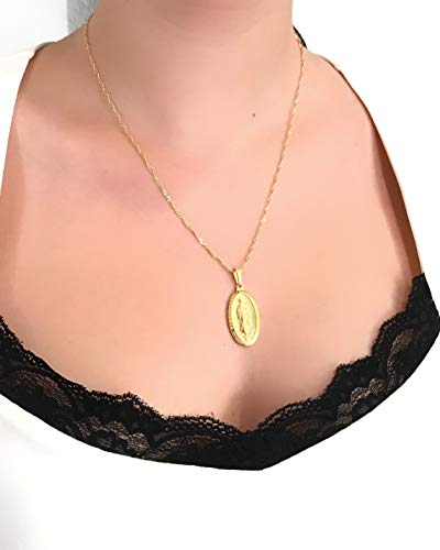 LESLIE BOULES 18K Gold Plated Guadalupe Medal Necklace 18 Inches Length Virgin Mary Jewelry