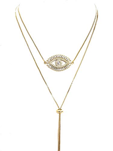 Gold Evil Eye Lariat Necklace for Women 18K Gold Plated Sliding Adjustable Chain Choker Jewelry