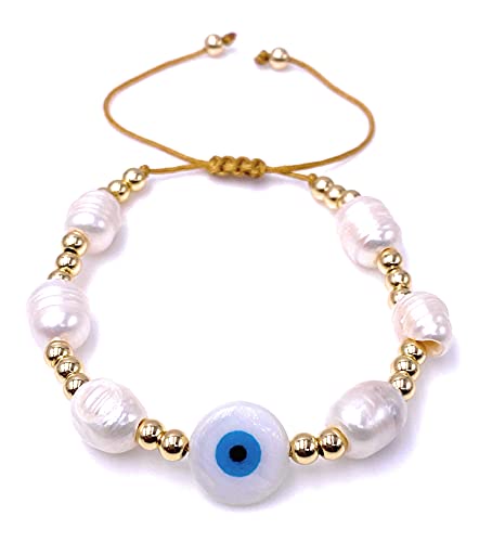 LESLIE BOULES Blue Evil Eye Gold Plated Balls & Baroque Bracelet for Women Fashion Jewelry