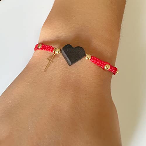 LESLIE BOULES Red Thread Genuine Heart Azabache Bracelet with Tiny Gold Plated Catholic Cross Protection Jewelry