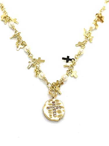 LESLIE BOULES Gold Tiny Cross CZ Pendant Necklace 18K Plated Charm Chain