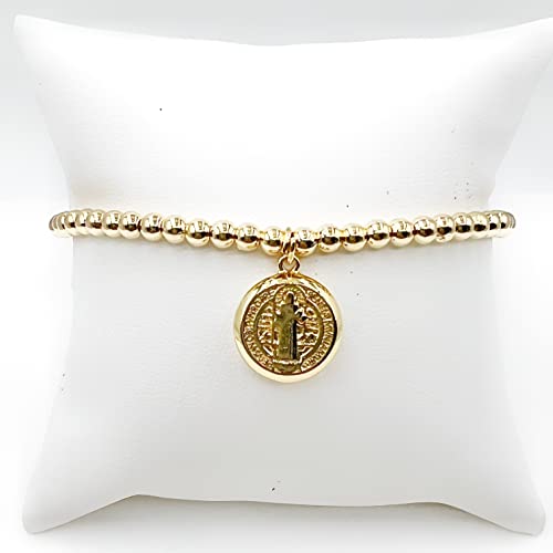 LESLIE BOULES Saint Benedict Medal Gold Beads Adjustable Bracelet for Women Religious Jewelry