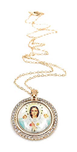 LESLIE BOULES Beautiful Mystic Rose Medal Pendant Necklace 18K Gold Plated Chain Religious Jewelry