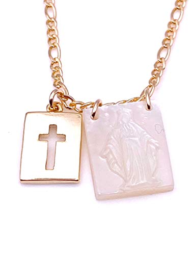 LESLIE BOULES Catholic Cross & Miraculous Pendant Necklace for Women 18K Gold Plated Chain