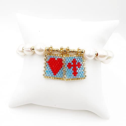 LESLIE BOULES Blue & Red Scapular Love Bracelet for Women Baroque Pearls Beads
