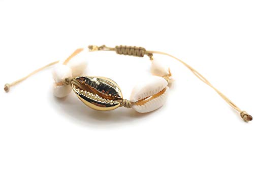 LESLIE BOULES Fashion Bracelet Natural Cowrie Shell Gold Plated Bead Novelty Jewelry