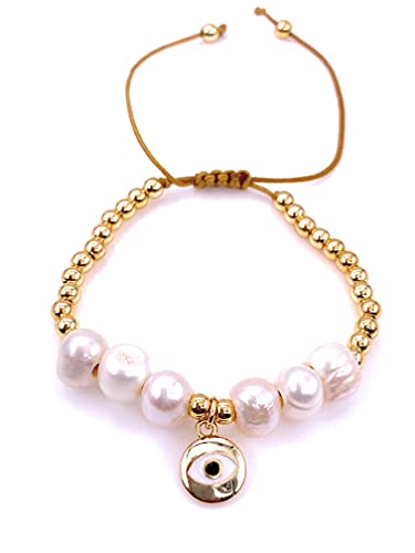 LESLIE BOULES 18K Gold Plated Round Evil Eye Pendant Baroque Bracelet for Women Adjustable Fashion Jewelry