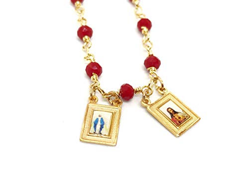 LESLIE BOULES Scapular Gold Plated Necklace for Women 17 Inches Red Crystal Beads Chain