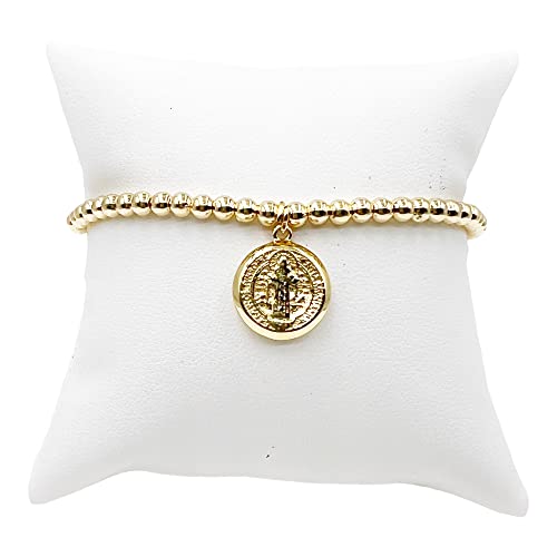 LESLIE BOULES Saint Benedict Medal Gold Beads Adjustable Bracelet for Women Religious Jewelry