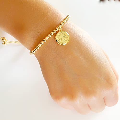 LESLIE BOULES Saint Benedict Medal Gold Beads Adjustable Bracelet for Women Religious Jewelry