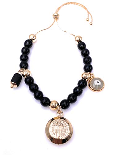 LESLIE BOULES Saint Benedict Medal Black Beads Bracelet Genuine Azabache and Evil Eye Pendants