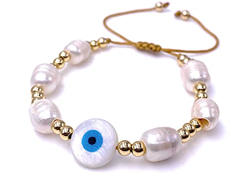 LESLIE BOULES Blue Evil Eye Gold Plated Balls & Baroque Bracelet for Women Fashion Jewelry