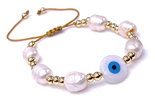 LESLIE BOULES Blue Evil Eye Gold Plated Balls & Baroque Bracelet for Women Fashion Jewelry