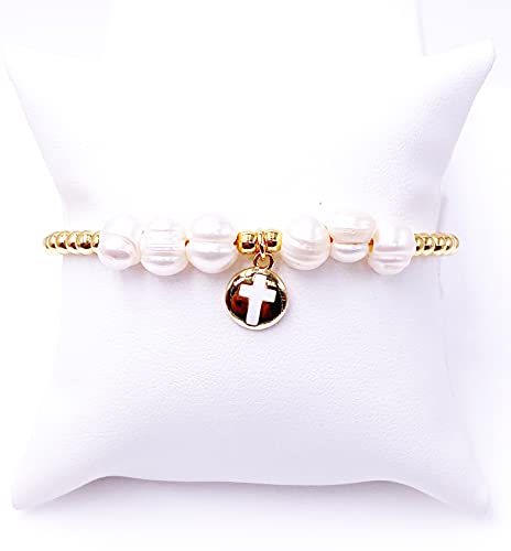 LESLIE BOULES 18K Gold Plated Round Cross Pendant Baroque Bracelet for Women Catholic Jewelry