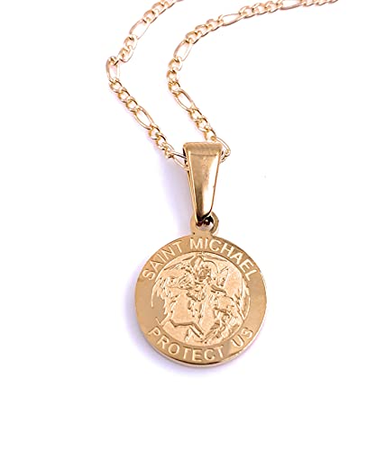 LESLIE BOULES St Michael The Archangel Stainless Steel Medal Necklace 18K Gold Plated Chain