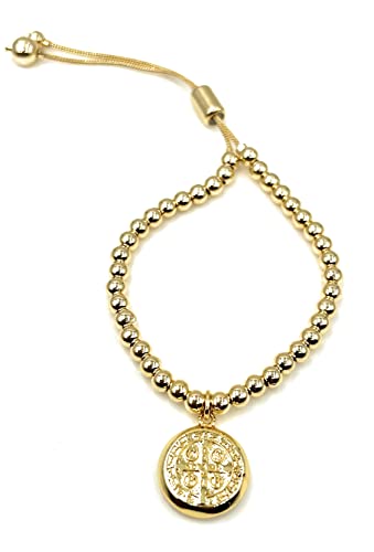 LESLIE BOULES Saint Benedict Medal Gold Beads Adjustable Bracelet for Women Religious Jewelry