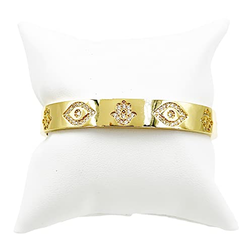 LESLIE BOULES Evil Eye & Hamsa Hand Cuff Bracelet For Women 18K Gold Plated Good Fortune Jewelry