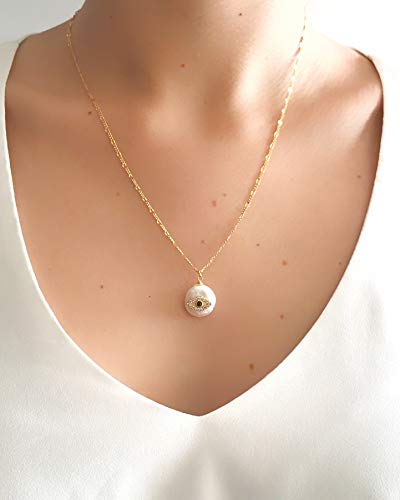 LESLIE BOULES Gold Evil Eye Baroque Pendant Necklace 18K Plated Chain 18 Inches Length