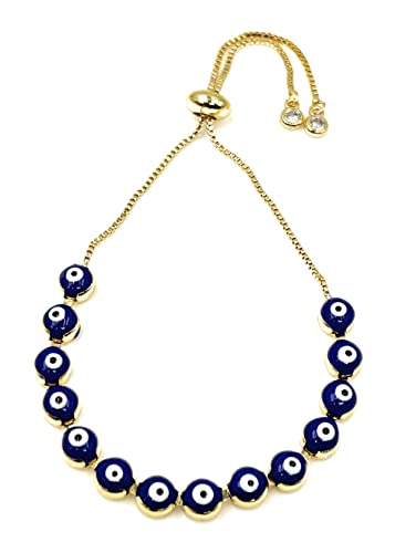 LESLIE BOULES Strand Evil Eyes Bracelet 18K Gold Plated Adjustable Chain Protection Jewelry