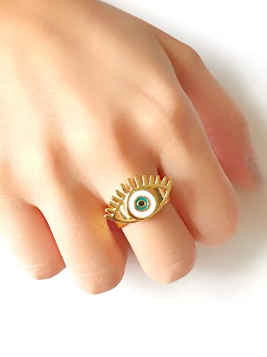 LESLIE BOULES Gold Plated Evil Eye Enamel Ring Adjustable Size Ojo Turco Jewelry