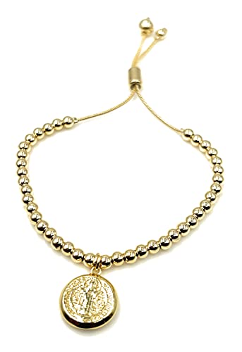 LESLIE BOULES Saint Benedict Medal Gold Beads Adjustable Bracelet for Women Religious Jewelry